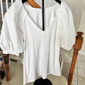 Women's White V-Neck Puff Sleeve Blouse
